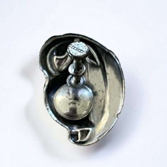 Vintage Stamped Sterling Silver Lily Calla Screw Back Earrings Leaf Flowers - Picture 7 of 7